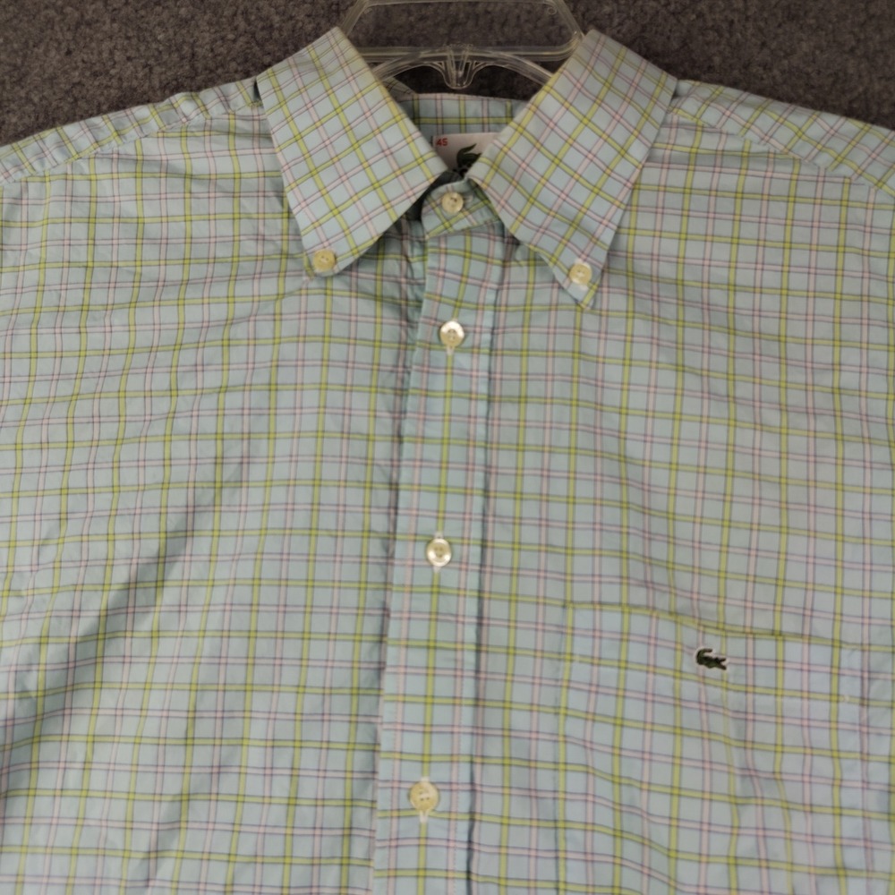 Lacoste Mens XL Sz 45 Short Sleeve Button Down Shirt Plaid Blue Green Cotton